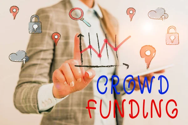 Writing note showing Crowd Funding. Business photo showcasing technique of raising money from a large number of showing. — Stock Photo, Image