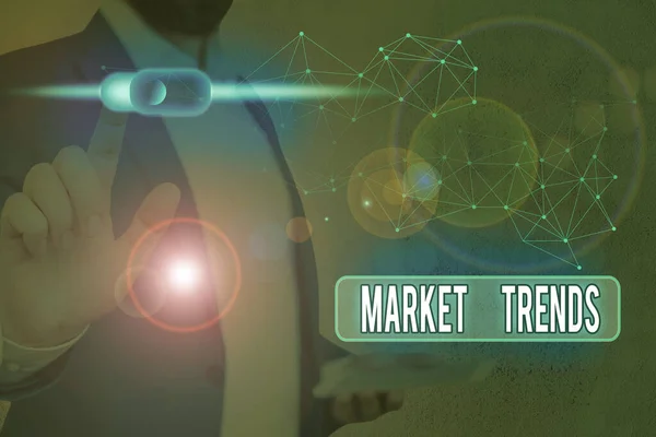 A piaci trendeket bemutató jegyzet. Üzleti fotó bemutatása Változások és fejlemények a vásárlás és értékesítés a piacon. — Stock Fotó