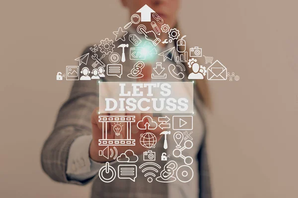 Escrita de mão conceitual mostrando Let Discuss. Texto de foto de negócios Significa mostrar para trabalhar ou brainstorm juntos como um grupo . — Fotografia de Stock