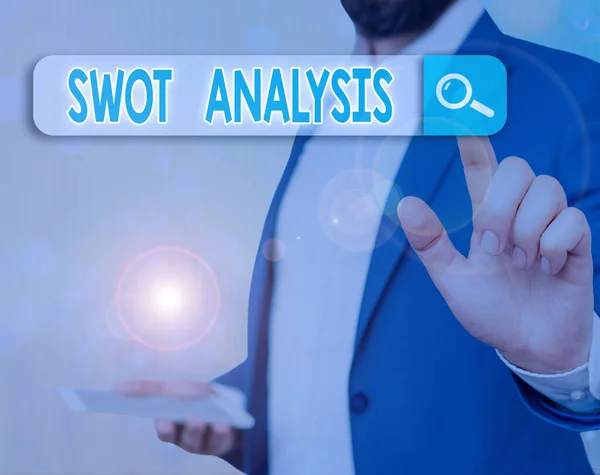 Escritura manual conceptual que muestra el análisis de Swot. Marco de texto fotográfico comercial utilizado para evaluar la posición competitiva de una empresa . — Foto de Stock