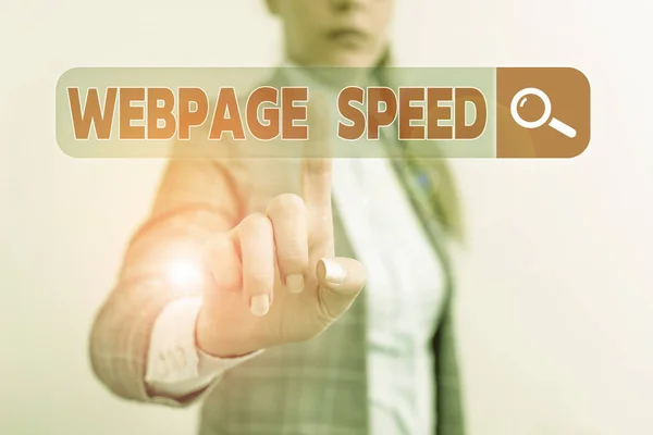 Słowo pisanie tekstu Prędkość strony internetowej. Koncepcja biznesowa dotycząca tego, jak szybko użytkownicy są w stanie widzieć i wchodzić w interakcje z treściami. — Zdjęcie stockowe