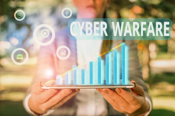 Texto de escritura de palabras Cyber Warfare. Concepto de negocio para la actividad de usar internet para atacar computadoras de un país . — Foto de Stock