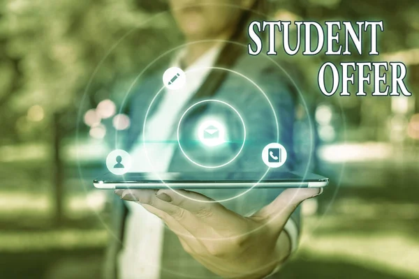 Text sign showing Student Offer. Conceptual photo a reduction in the usual price of something for students. — Stock Photo, Image