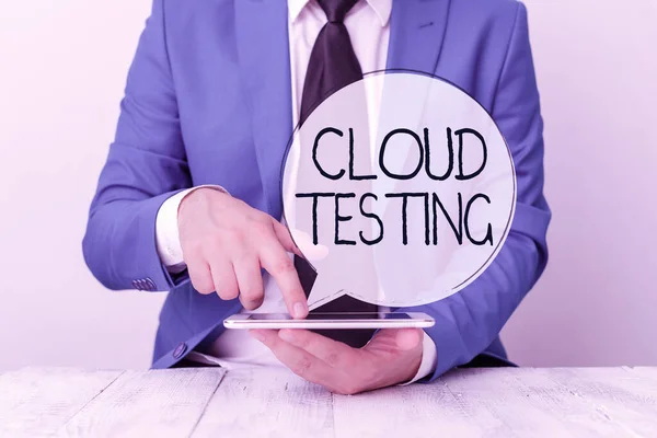 Handwriting text Cloud Testing. Concept meaning is the assessment of a Web application performance Businessman with pointing finger in front of him.