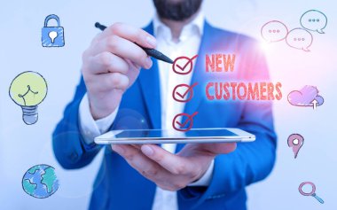 Writing note showing New Customers. Business photo showcasing an entity that has not previously purchased one goods.