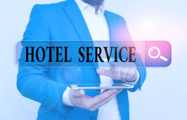 Kelime yazma otel servisi. Konuklara sıcak konaklama ve diğer hizmetleri sağlama konsepti.