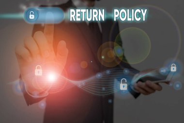 Conceptual hand writing showing Return Policy. Business photo showcasing return or exchange defective merchandise that they buy before.