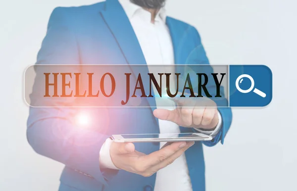 Wortlaut Text hallo Januar. Geschäftskonzept für einen Gruß oder ein herzliches Willkommen im ersten Monat des Jahres. — Stockfoto