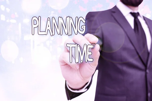 Sinal de texto mostrando Tempo de Planejamento. Foto conceitual Exercício do controle consciente do tempo gasto em atividades específicas . — Fotografia de Stock