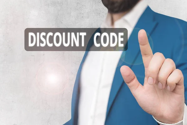 Text sign showing Discount Code. Conceptual photo Series of letters or numbers that allow you to get a discount.