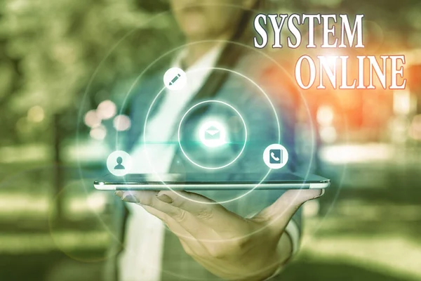 Signo de texto que muestra System Online. Foto conceptual cuando un dispositivo puede comunicarse fácilmente con otros dispositivos . —  Fotos de Stock