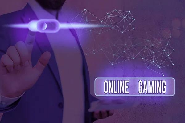 Az online szerencsejátékot bemutató jegyzet. Üzleti fotó bemutató akció vagy gyakorlat videojátékok az interneten. — Stock Fotó