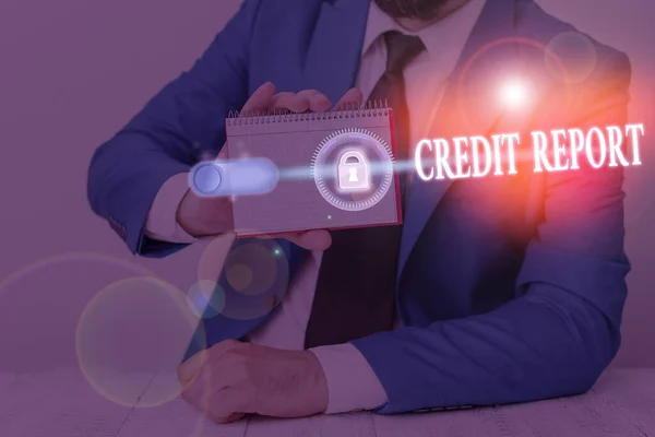 Textzeichen mit Credit Report. Konzeptfoto ist der detaillierte Bericht einer individuellen Kredithistorie. — Stockfoto