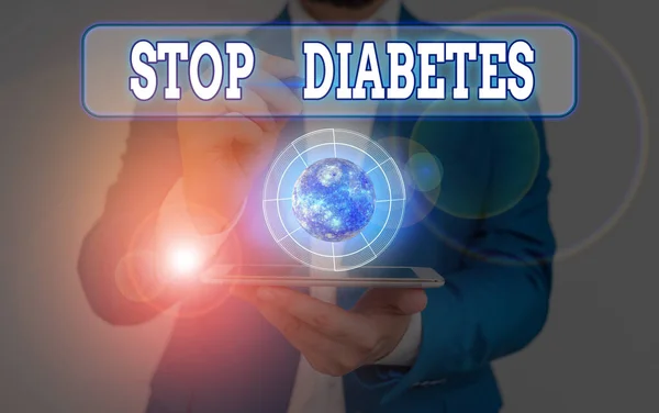 Konceptuell handstil som visar Stop Diabetes. Business photo text förhindra sjukdomen att höja glukosnivån i blodet Delar av denna bild som tillhandahålls av NASA. — Stockfoto