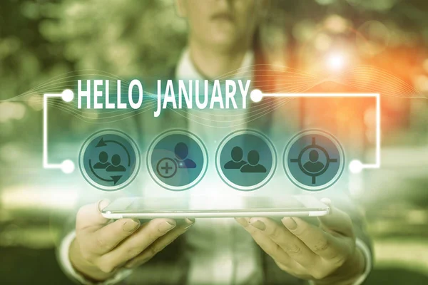 Signo de texto que muestra Hello January. Foto conceptual un saludo o cálida bienvenida al primer mes del año . — Foto de Stock