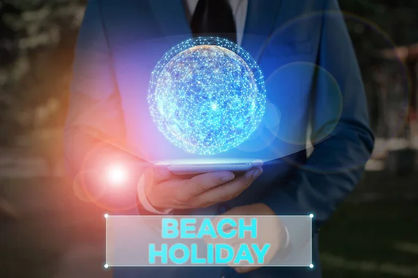 Writing note showing Beach Holiday. Business photo showcasing Vacations in which one basically just sunbathes in the beach Elements of this image furnished by NASA. — Stock Photo, Image