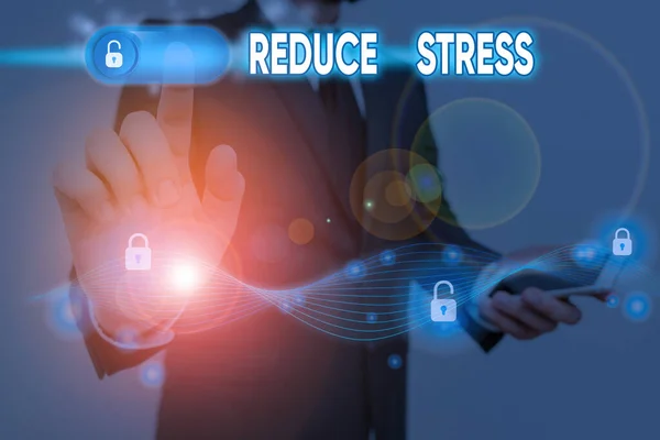 Fogalmi kézírás mutatja Csökkenti a stresszt. Üzleti fotó bemutatása, hogy enyhítse a feszültséget, és vegyenek részt a minőségi életmód. — Stock Fotó