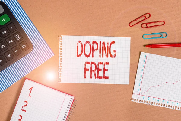 Slovo psaní textu Doping Free. Obchodní koncept pro prokázané nepoužití žádné látky k nezákonnému zlepšení atletické pruhované kartón lepenka notebook kancelářské potřeby grafický papír. — Stock fotografie