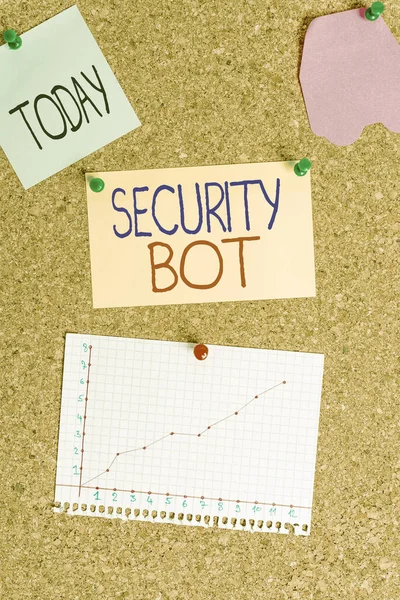 Escritura manual conceptual que muestra el bot de seguridad. Software de texto de foto de negocios que realiza una tarea automatizada a través del tablero de anuncios de cartelera de hoja de cartelera de papel tamaño Corkboard de Internet . — Foto de Stock