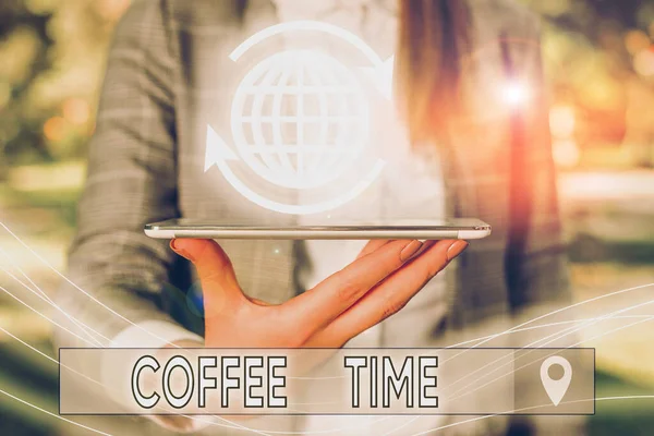Konceptuální rukopis zobrazující Coffee Time. Obchodní foto text krátké období, ve kterém přestanete pracovat k odpočinku. — Stock fotografie