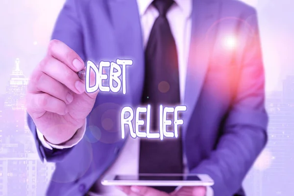 Word writing text Debt Relief. Business concept for a reduction in the amount of debt that a country has to pay. — Stock Photo, Image