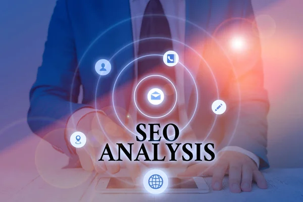 Textzeichen mit Seo Analysis. Konzeptionelles Foto-Tool hilft zu zeigen, wie man ein Website-Ranking verbessert. — Stockfoto