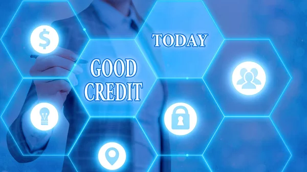 Skriva lapp som visar god kredit. Företagsfoto visa upp låntagare har en relativt hög kreditvärdighet och säker kreditrisk. — Stockfoto
