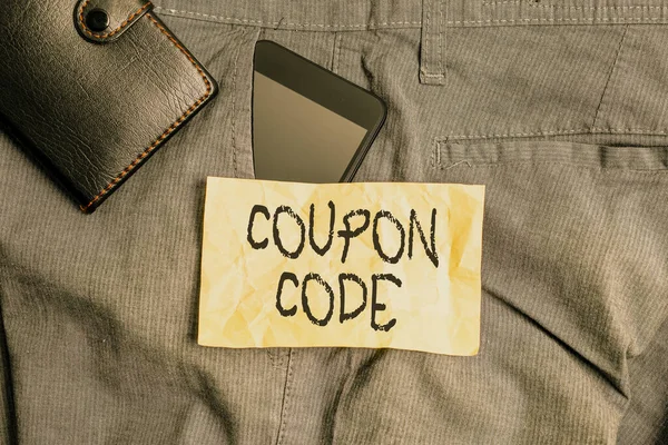 Writing note showing Coupon Code. Business photo showcasing ticket or document that can be redeemed for a financial discount Smartphone device inside trousers front pocket with wallet. — Stock Photo, Image