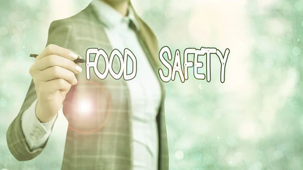 Schrijven van notitie weergegeven: voedselveiligheid. Zakelijke foto presentatie van de voorwaarden en praktijken die de kwaliteit van voedsel bewaren. — Stockfoto