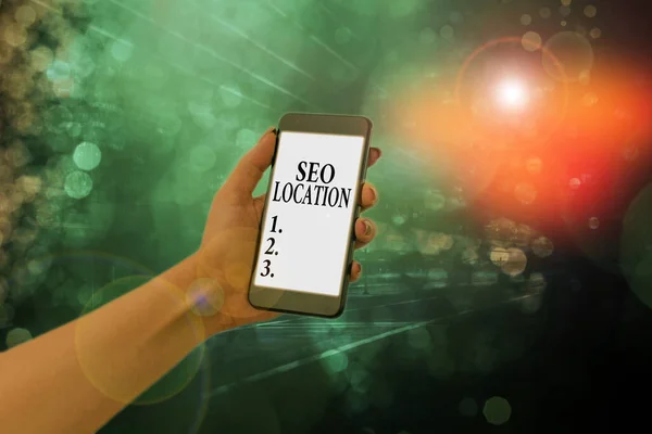 Text sign showing Seo Location. Conceptual photo process to optimize pages on your site to show for organic. — 스톡 사진