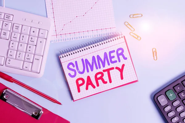 Writing note showing Summer Party. Business photo showcasing social gathering held during summer season or school break Paper blue keyboard office study notebook chart numbers memo.
