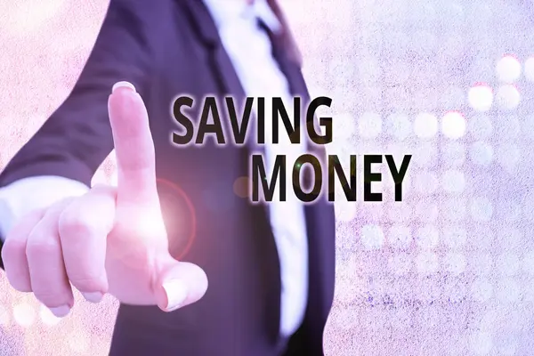 Textová značka ukazující úsporu peněz. Konceptuální fotografie vkládání peněz na účet ve finanční organizaci banky. — Stock fotografie
