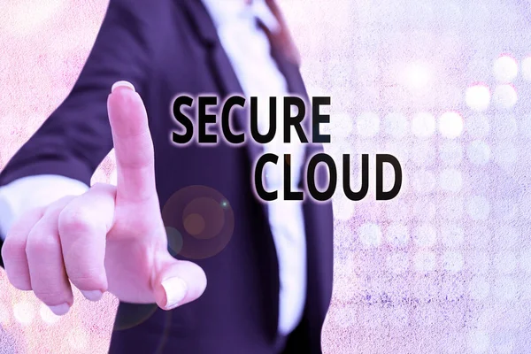 Sinal de texto mostrando Secure Cloud. Foto conceitual Proteger a informação armazenada segura Tecnologia controlada . — Fotografia de Stock
