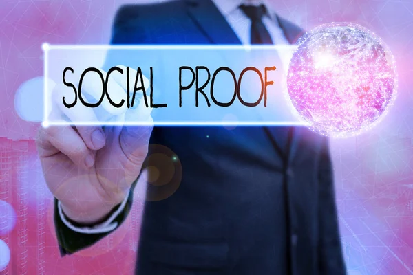 Szóírás szöveg Social Proof. Üzleti koncepció az információs társadalmi befolyásra Pszichológiai társadalmi jelenség E kép elemei a NASA által. — Stock Fotó