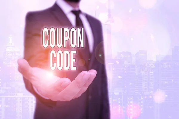 Conceptual hand writing showing Coupon Code. Business photo text ticket or document that can be redeemed for a financial discount. — Φωτογραφία Αρχείου