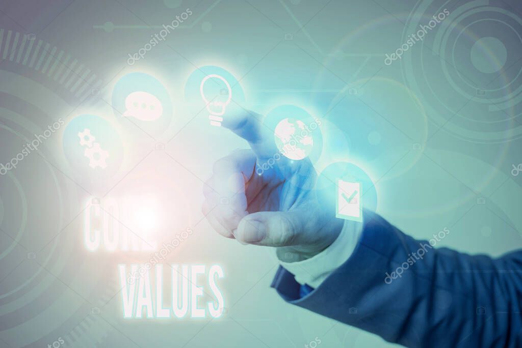 Writing note showing Core Values. Business photo showcasing the fundamental beliefs or principle of a demonstrating or organization.