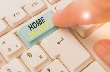 Writing note showing Home Delivery. Business photo showcasing act of taking goods or parcel directly to customers home.