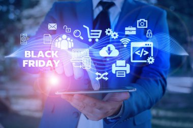 Kara Cuma 'yı gösteren kavramsal el yazısı. Şükran Günü alışverişi sezonunun ertesi günü iş fotoğrafı sergisi..