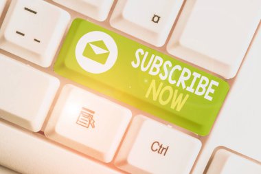 Handwriting text Subscribe Now. Concept meaning to pay money to an organization in order to receive a service.