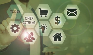 Şef Catering'i gösteren bir metin işareti. Kavramsal fotoğraf Çeşitli etkinlikler için hizmet, yiyecek ve içecek sağlar.