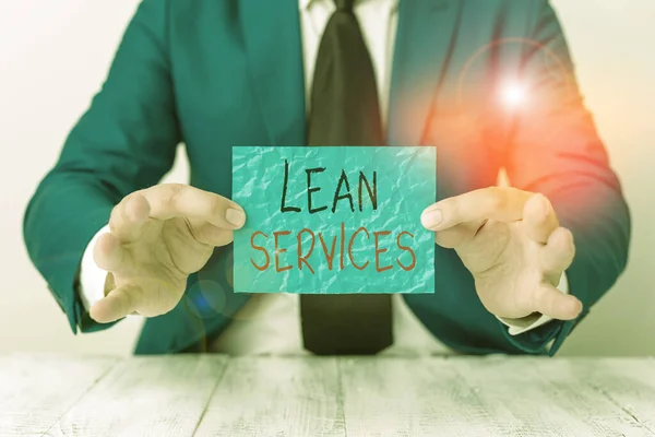 Text sign showing Lean Services. Conceptual photo application of the lean manufacturing concept to operations Man holds empty paper with copy space in front of him Copy Space.