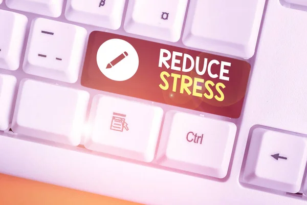 Writing note showing Reduce Stress. Business photo showcasing to relieve the tension and engage to quality lifestyle.