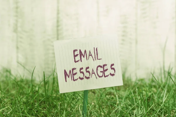 Textzeichen mit E-Mail-Nachrichten. Konzeptfoto einer Nachricht, die mittels elektronischer Post verschickt wurde Einfaches leeres Papier, das an einem Stick befestigt und im grünen Grasland platziert wurde. — Stockfoto
