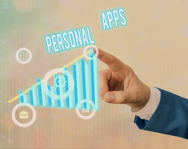 개인 앱을 보여주는 개념적 손 쓰기. 비즈니스 사진 은 온라인 서비스에 대한 암호 가적은 유효성 검사를 위한 앱을 소개합니다.. — 스톡 사진