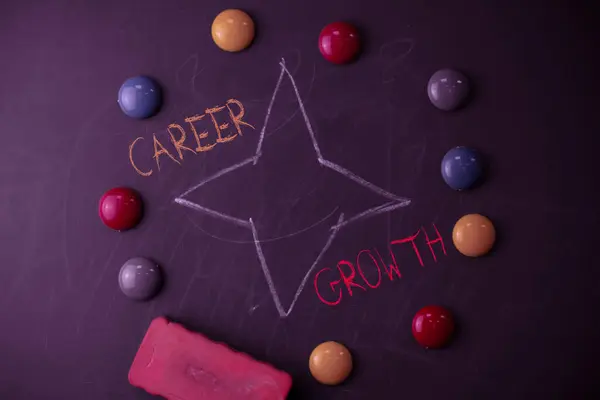 Handwriting text Career Growth. Concept meaning the process of making progress to better jobs or career Round Flat shape stones with one eraser stick to old chalk black board.