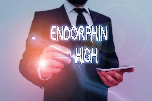 Εννοιολογική γραφή χεριών που δείχνει Endorphin High. Η επαγγελματική φωτογραφία που δείχνει προκαλεί ένα θετικό συναίσθημα στο σώμα όπως αυτή της μορφίνης.. — Φωτογραφία Αρχείου
