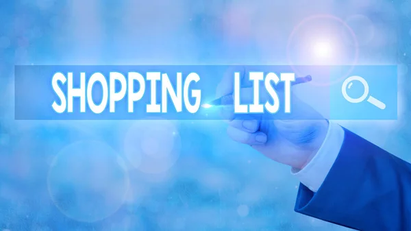 Conceptual hand writing showing Shopping List. Business photo text a list of items to be considered or purchases to be made.
