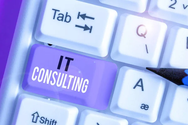 Writing note showing It Consulting. Business photo showcasing Focuses on advising organizations hot to manage their IT.