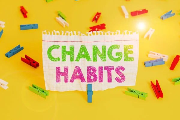 Word writing text Change Habits. Business concept for to stop doing something that is somewhat bad or harmful Colored clothespin papers empty reminder yellow floor background office. — Stock Photo, Image