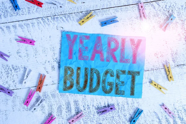 Az éves költségvetést bemutató írásbeli feljegyzés. Üzleti fotó bemutatása A terv a vállalati kiadások egy pénzügyi évre Színes ruhacsap téglalap alakú papír fehér fa háttér. — Stock Fotó